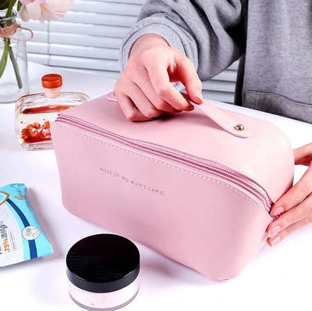 Organizator elegant pentru geanta cosmetica din piele ecologica, roz pal