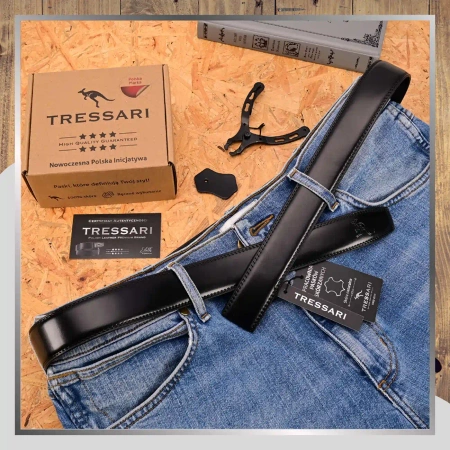 Curea din piele neagră TRESSARI 120cm pentru pantaloni fără cataramă, piele naturală