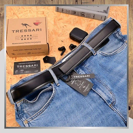 Curea din piele neagră TRESSARI 120cm pentru pantaloni fără cataramă, piele naturală