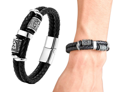 Brățară neagră pentru bărbați din piele împletită nordică
