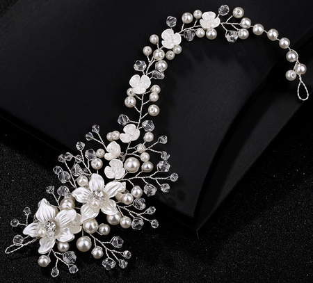 Bandita de nunta cu diadema, creanga argintie, strasuri, flori