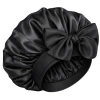 Bonetă de dormit din satin pentru protecția părului, neagră, legată cu panglici