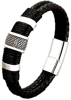 Bratara barbati piele, neagra, otel inoxidabil