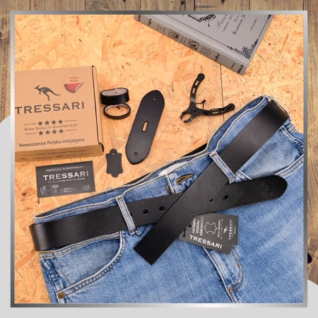 Curea din piele TRESSARI 120cm neagră pentru pantaloni fără cataramă, piele naturală