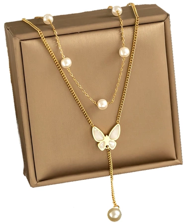 Colier lung din aur, otel chirurgical, fluture, perle, placat cu aur