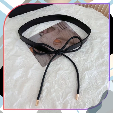 Curea de piele de damă cu talie îngustă legată elegant negru