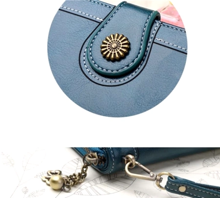 Portofel de dama din piele albastra, decorativ, mare, incapator breloc