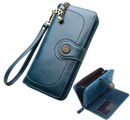 Portofel de dama din piele albastra, decorativ, mare, incapator breloc