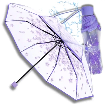 Umbrela pliabila, transparenta, umbrela cu flori mov