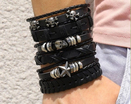 Set bratara din piele PUNK, cranii negre