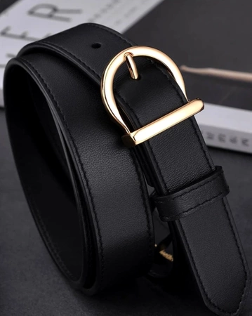 Curea de dama neagra piele, catarama pantalon auriu, piele naturala