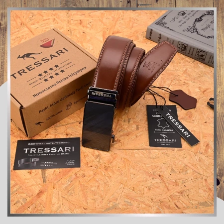 Curea bărbătească din piele maro TRESSARI pentru pantaloni 120 cm automată