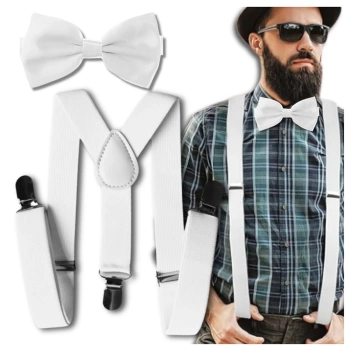 Bretele albe puternice pentru pantaloni, set de papion alb