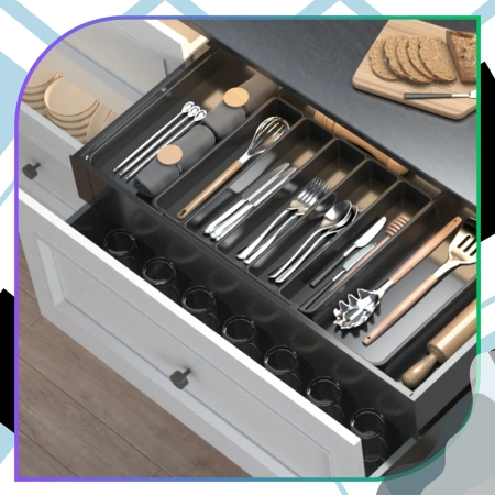 Organizator sertar tacâmuri, negru, inserție extensibilă