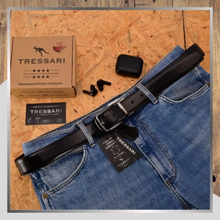 Curea din piele dublă TRESSARI, 120 cm, negru-maro, pentru pantaloni