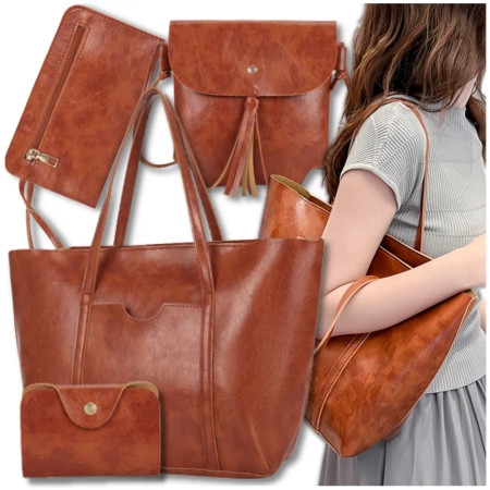 Geanta shopper dama BAD&BAGS din piele maro clasic + accesorii