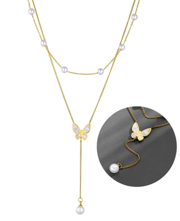 Colier lung din aur, otel chirurgical, fluture, perle, placat cu aur