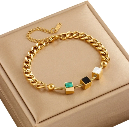 Bratara din aur, otel chirurgical, lant, cuburi, patrate