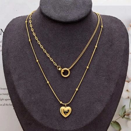 Colier din aur, oțel chirurgical dublu, inele inimioare placate cu aur