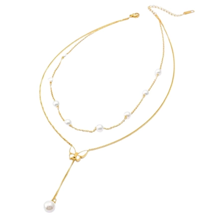 Colier lung din aur, otel chirurgical, fluture, perle, placat cu aur