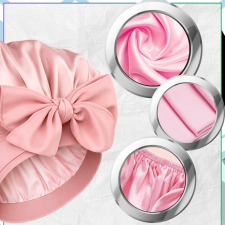 Casca de dormit roz satinat cu panglici pentru protecție