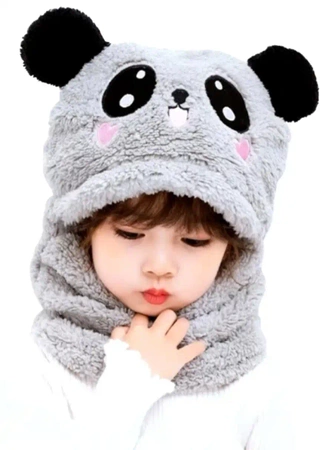Pălărie din lână 2 în 1, glugă caldă cu urechi de panda pentru copii