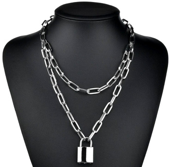 Colier lanț lung lacăt cheie punk metal
