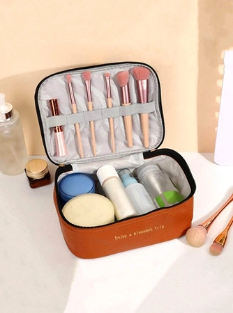 Geantă pentru cosmetice pătrată, maro, cu două niveluri