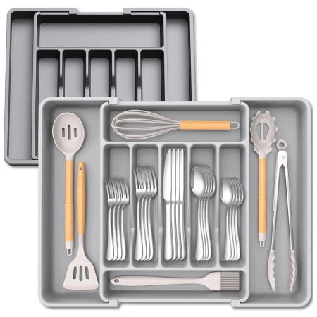 Organizator sertar tacâmuri, gri, inserție extensibilă