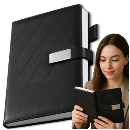 Notes, caiet cu fermoar, planner, jurnal A5, negru, elegant.