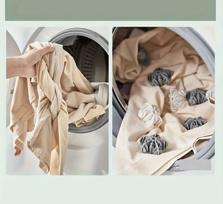 Un set de 10 bile pentru spălarea rufelor într-o mașină de spălat pentru a îndepărta părul de pe haine