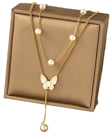 Colier lung din aur, otel chirurgical, fluture, perle, placat cu aur
