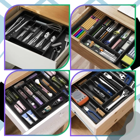 Organizator sertar tacâmuri, negru, inserție extensibilă