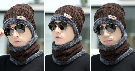 Set barbati: palarie + esarfa, tunel izolat, maro