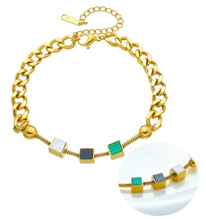 Bratara din aur, otel chirurgical, lant, cuburi, patrate