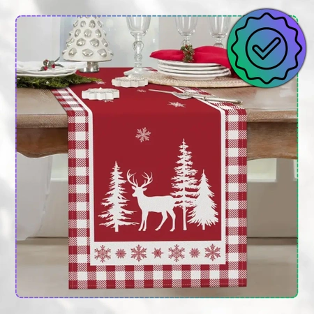 Fata de masa rosie cu un rand de masa pentru masa de Craciun