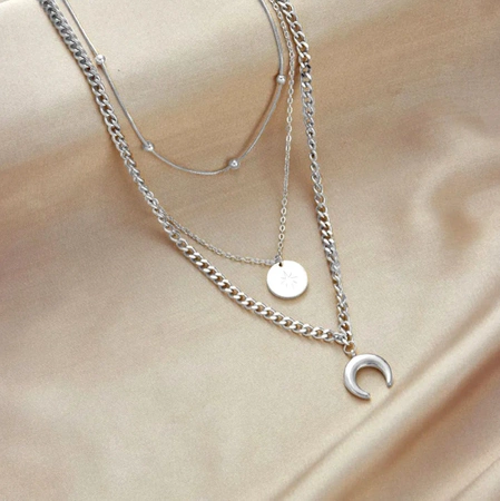 Colier cu lună de argint, oțel chirurgical, lanț triplu