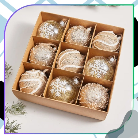 Globuri acrilice aurii, set de 9 globuri de Crăciun, 8 cm