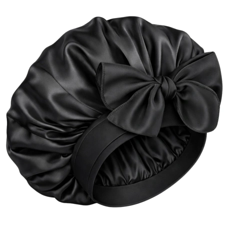 Bonetă de dormit din satin pentru protecția părului, neagră, legată cu panglici