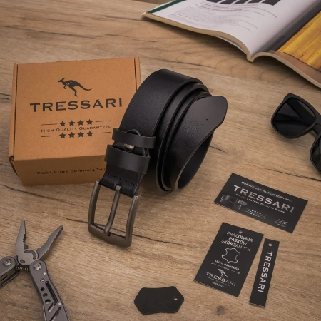TRESSARI Curea barbati din piele, piele naturala, 100% neagra, pentru pantaloni