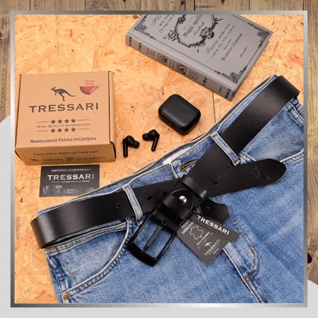 Curea din piele bărbătească TRESSARI, piele naturală, 120 cm, neagră, pentru pantaloni