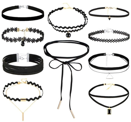 Set negru de 10 piese CHOKER colier cu curea din dantela