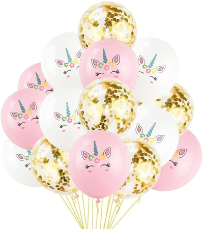 Set de 15 baloane mixte confetti unicorn ziua de aur
