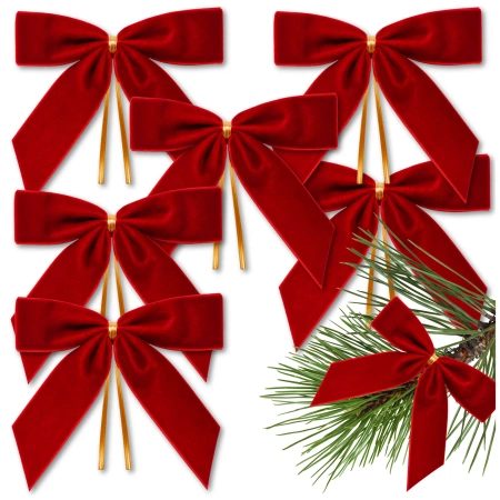 Set de 6 fundițe decorative pentru bradul de Crăciun cu fundă roșie