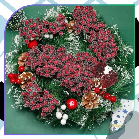 Frunze artificiale decorative de Crăciun, scoruș, vișiniu, înghețate, 100 buc. crenguță