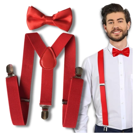 Bretele roșii puternice pentru pantaloni, set de papion roșu