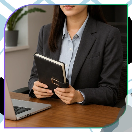 Caiet agendă A5 elegant din piele, cu fixare neagră