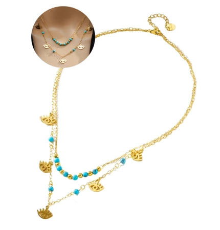 Colier dublu din otel chirurgical din aur cu ochi egipteni