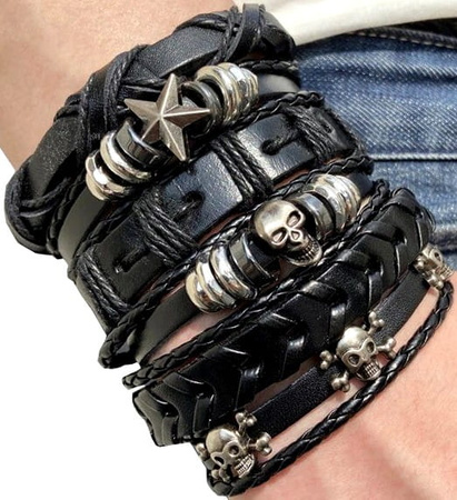 Set bratara din piele PUNK, cranii negre