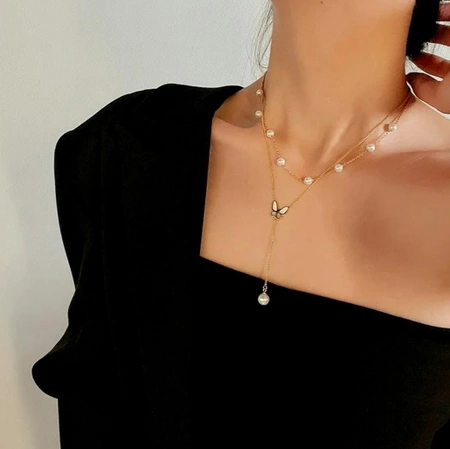 Colier lung din aur, otel chirurgical, fluture, perle, placat cu aur